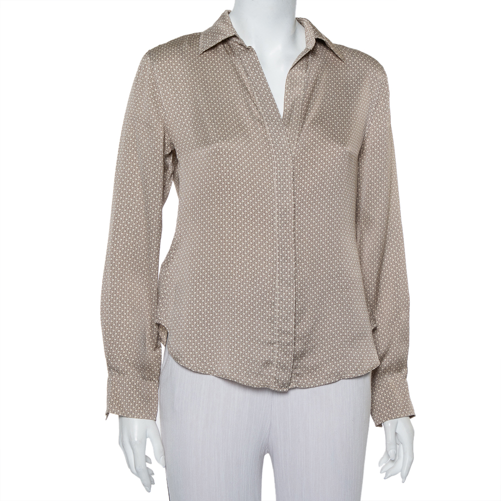

CH Carolina Herrera Beige Logo Printed Silk Button Front Shirt