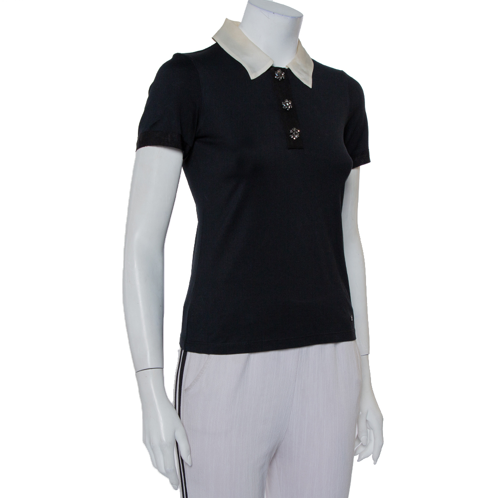 

CH Carolina Herrera Black Knit Contrast Trim Detail Polo T-Shirt