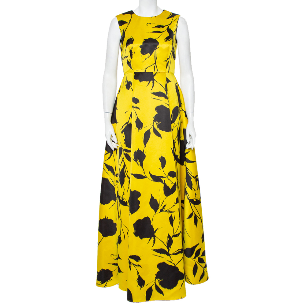 Pre-owned Ch Carolina Herrera Yellow Blooming Floral Printed Satin Sleeveless Evening Gown M