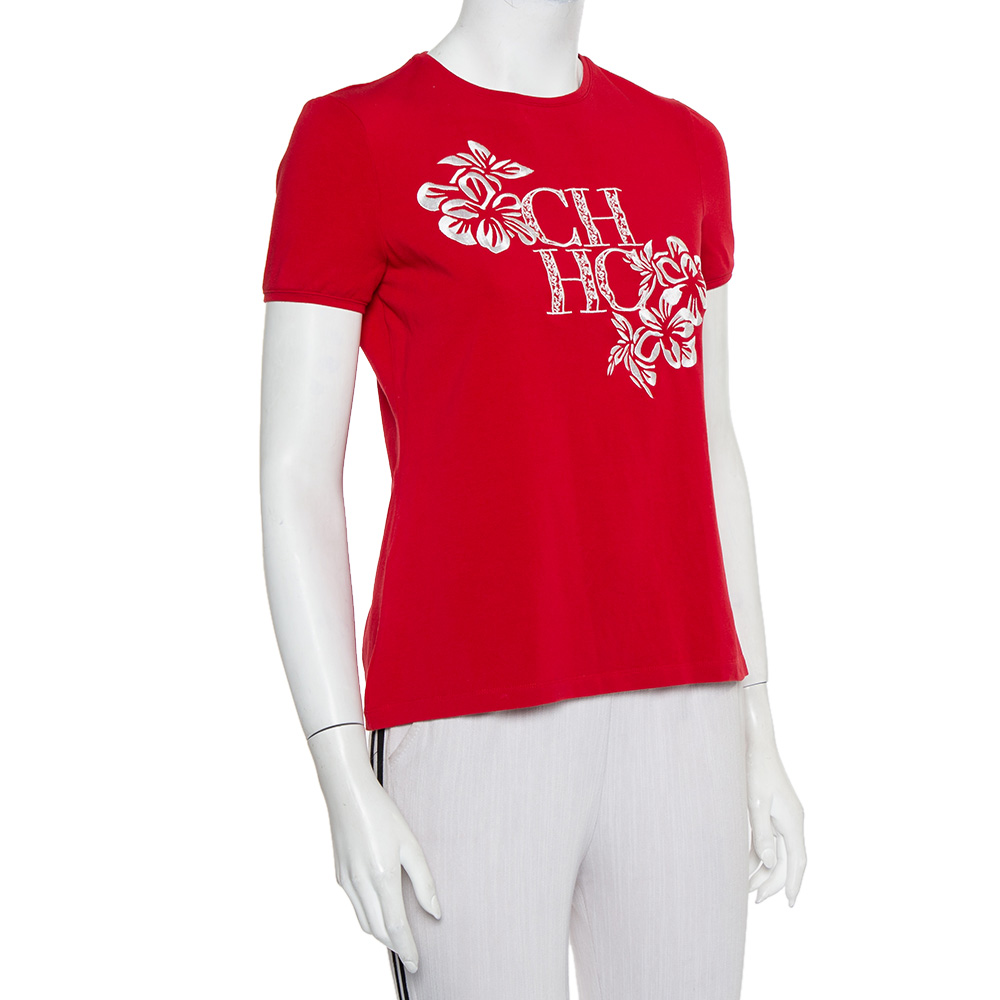 

CH Carolina Herrera Red Cotton Floral Logo Embroidered T-Shirt