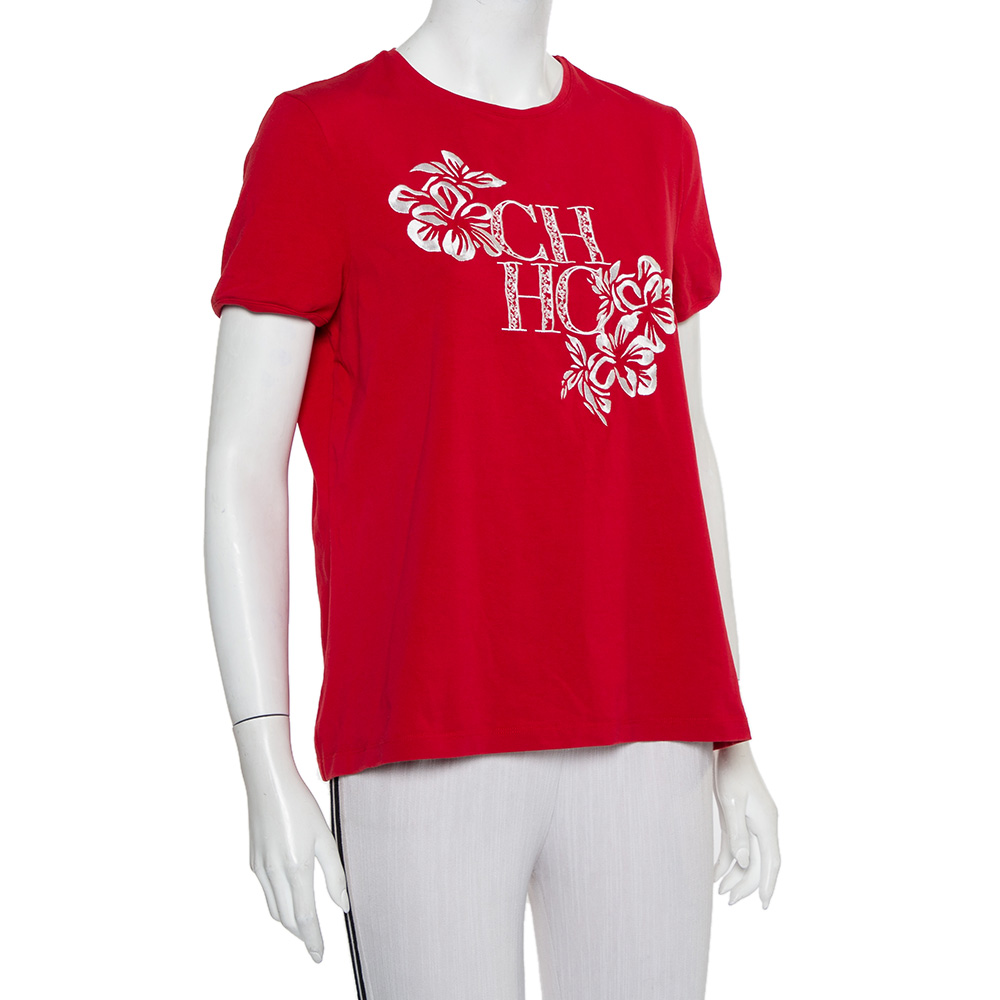 

CH Carolina Herrera Red Cotton Floral Logo Embroidered T-Shirt