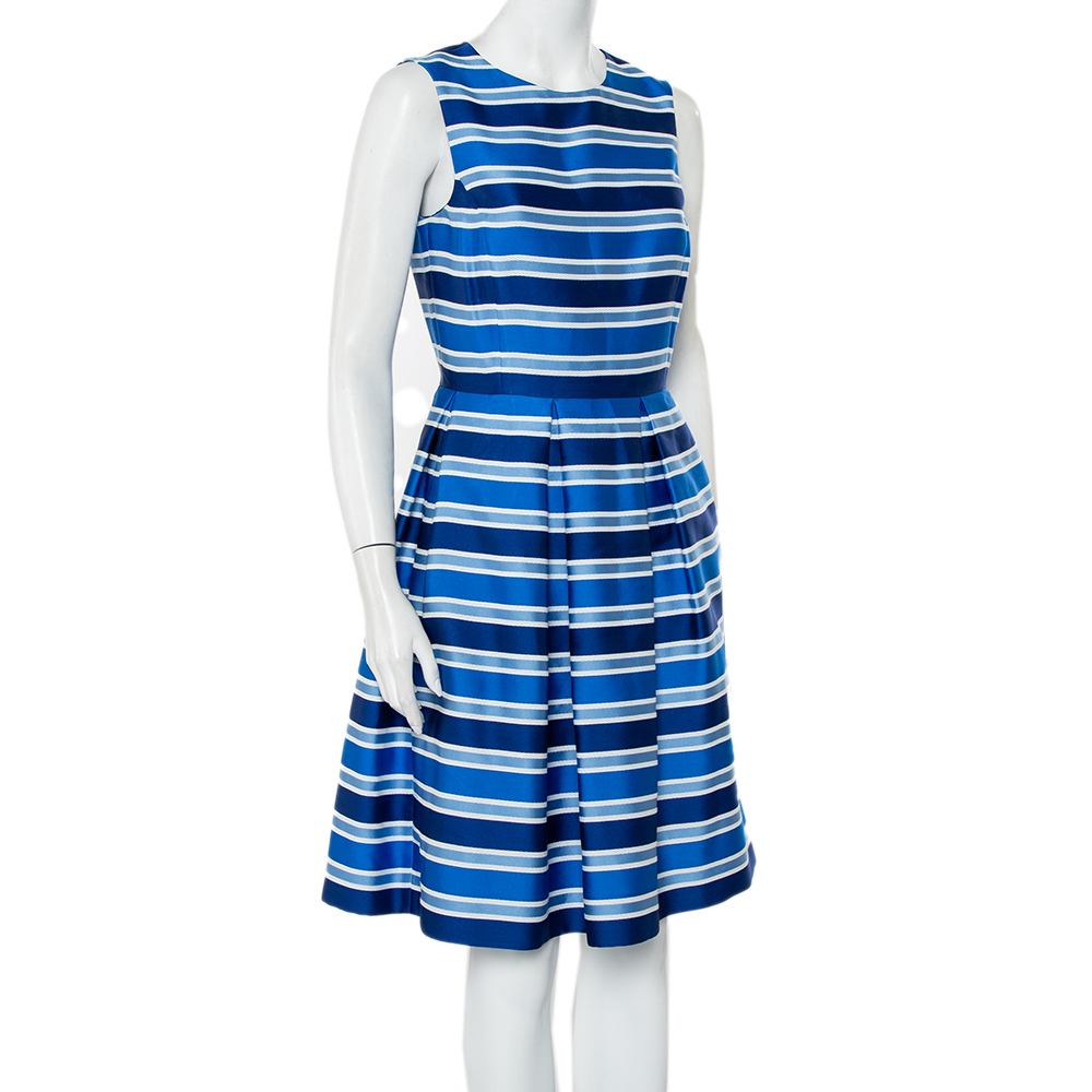 

CH Carolina Herrera Blue Striped Silk Sleeveless Pleated Dress