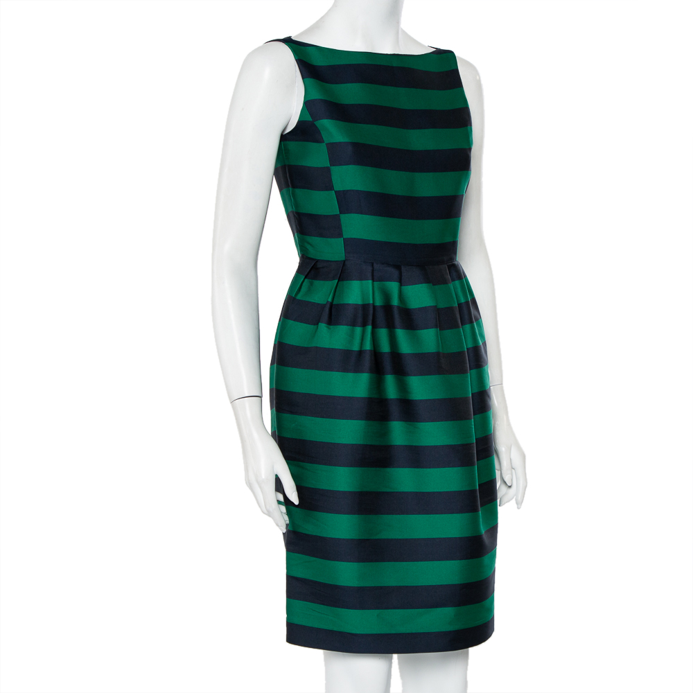 

CH Carolina Herrera Green & Navy Blue Striped Sateen Pleated Sleeveless Dress