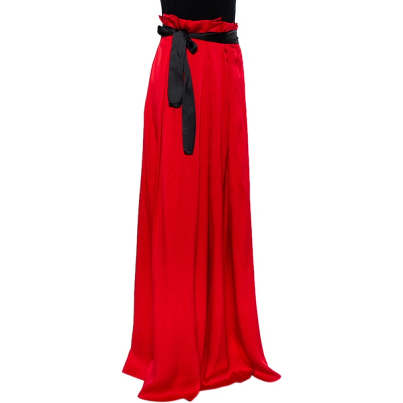 

CH Carolina Herrera Red Silk Satin Contrast Belted Paper Bag Waist Maxi Skirt