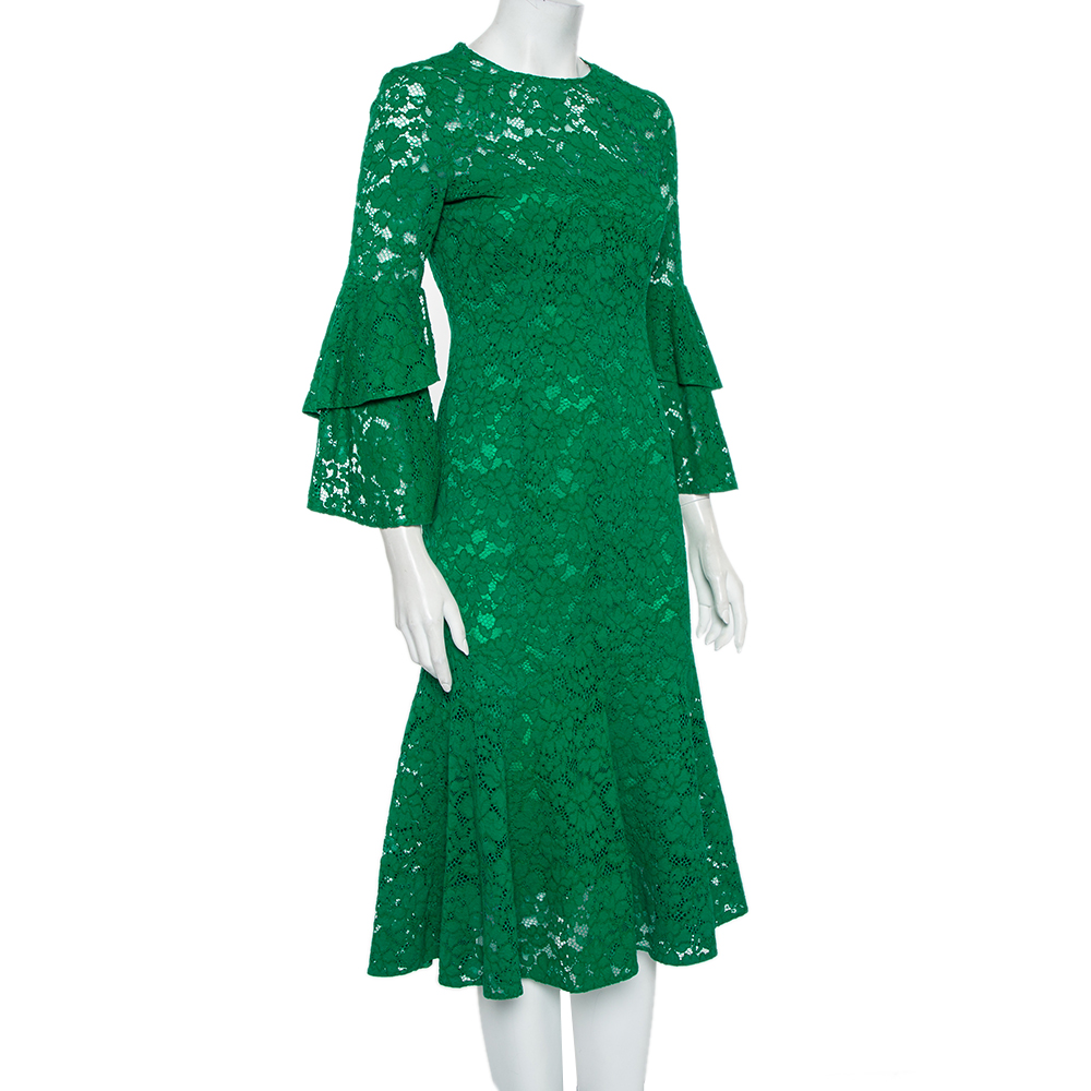 

CH Carolina Herrera Green Lace Bell Sleeve Detail Midi Dress