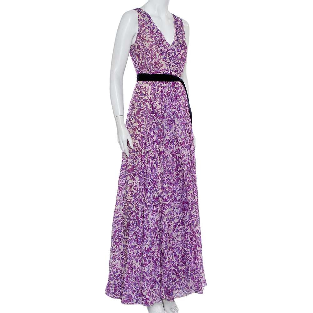 

CH Carolina Herrera Purple & Beige Printed Silk Waist Tie Detail Maxi Dress