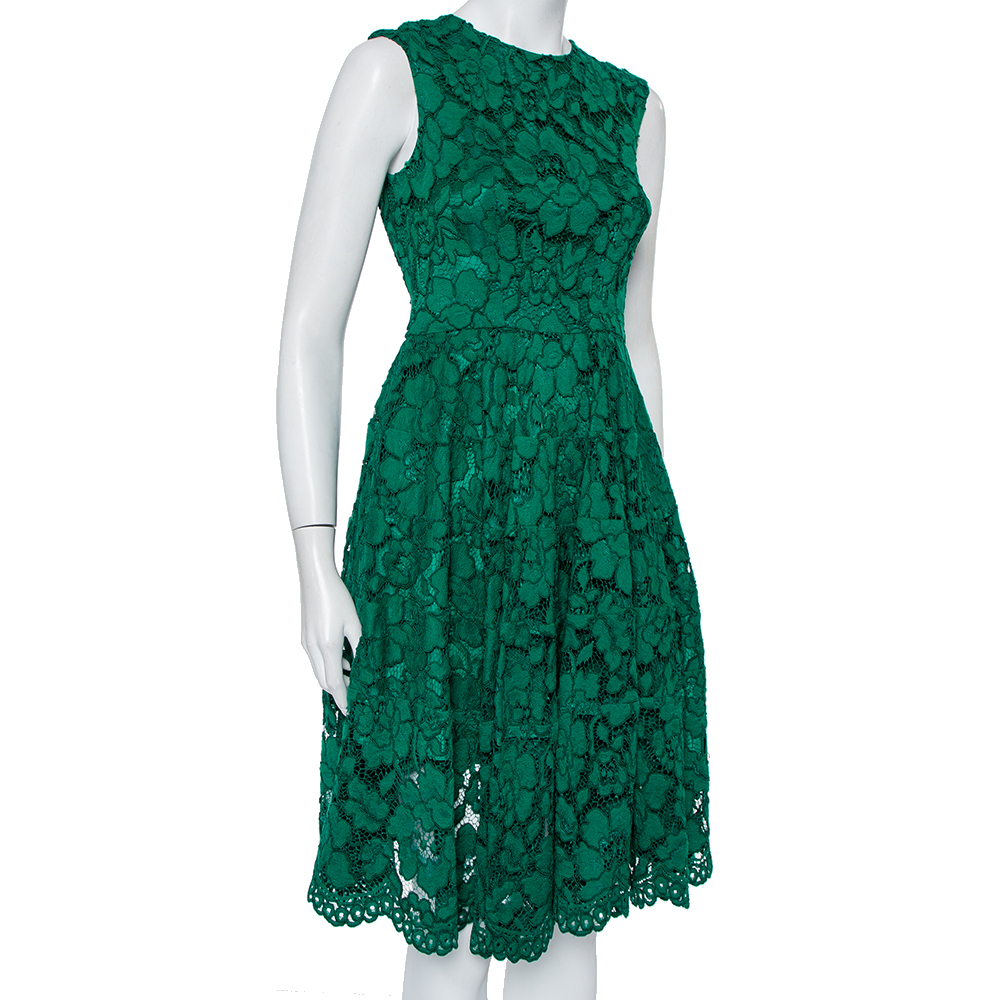 

CH Carolina Herrera Green Lace Paneled Midi Dress