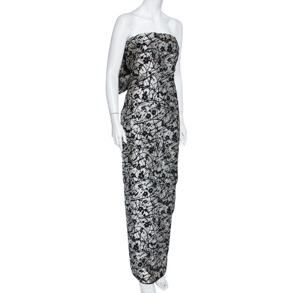 

CH Carolina Herrera Monochrome Floral Jacquard Bow Detail Strapless Gown, Black