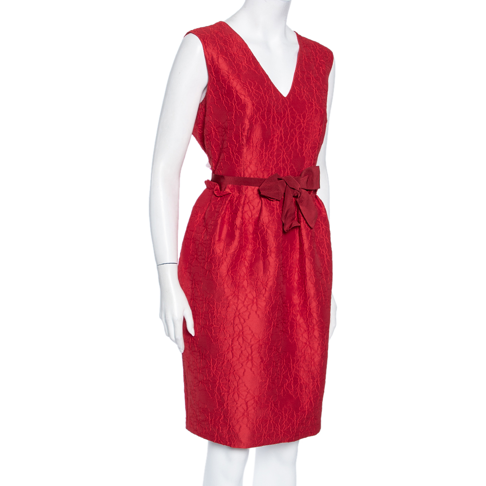 

CH Carolina Herrera Red Floral Embossed Jacquard Sleeveless Dress