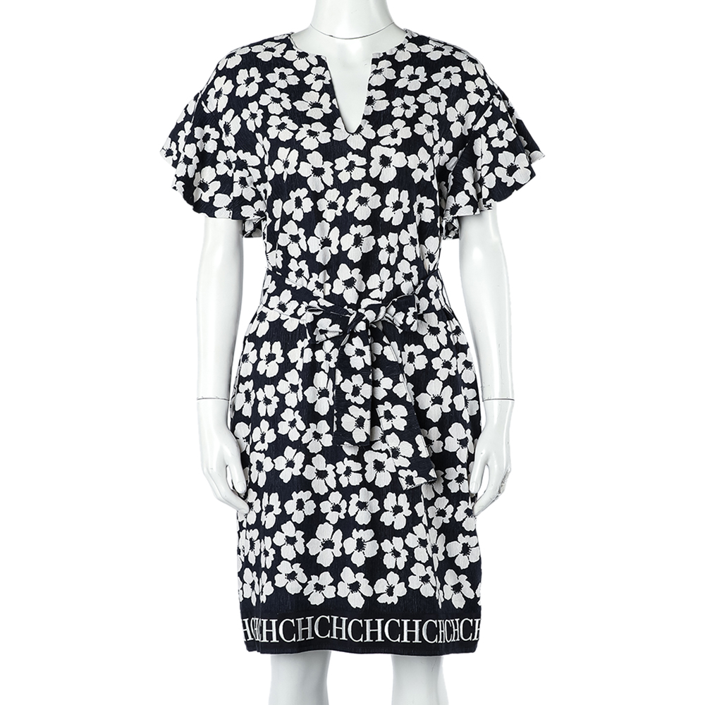 

CH Carolina Herrera Navy Blue Floral Print Silk & Linen Belted Dress