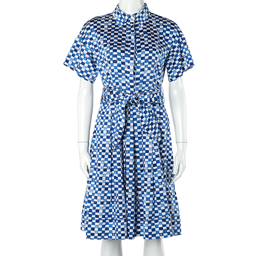 

CH Carolina Herrera Blue Logo Grid Print Cotton Belted Dress