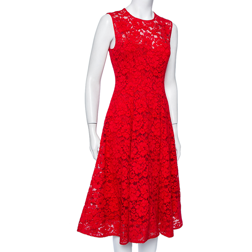 

CH Carolina Herrera Red Lace Sleeveless Flared Midi Dress