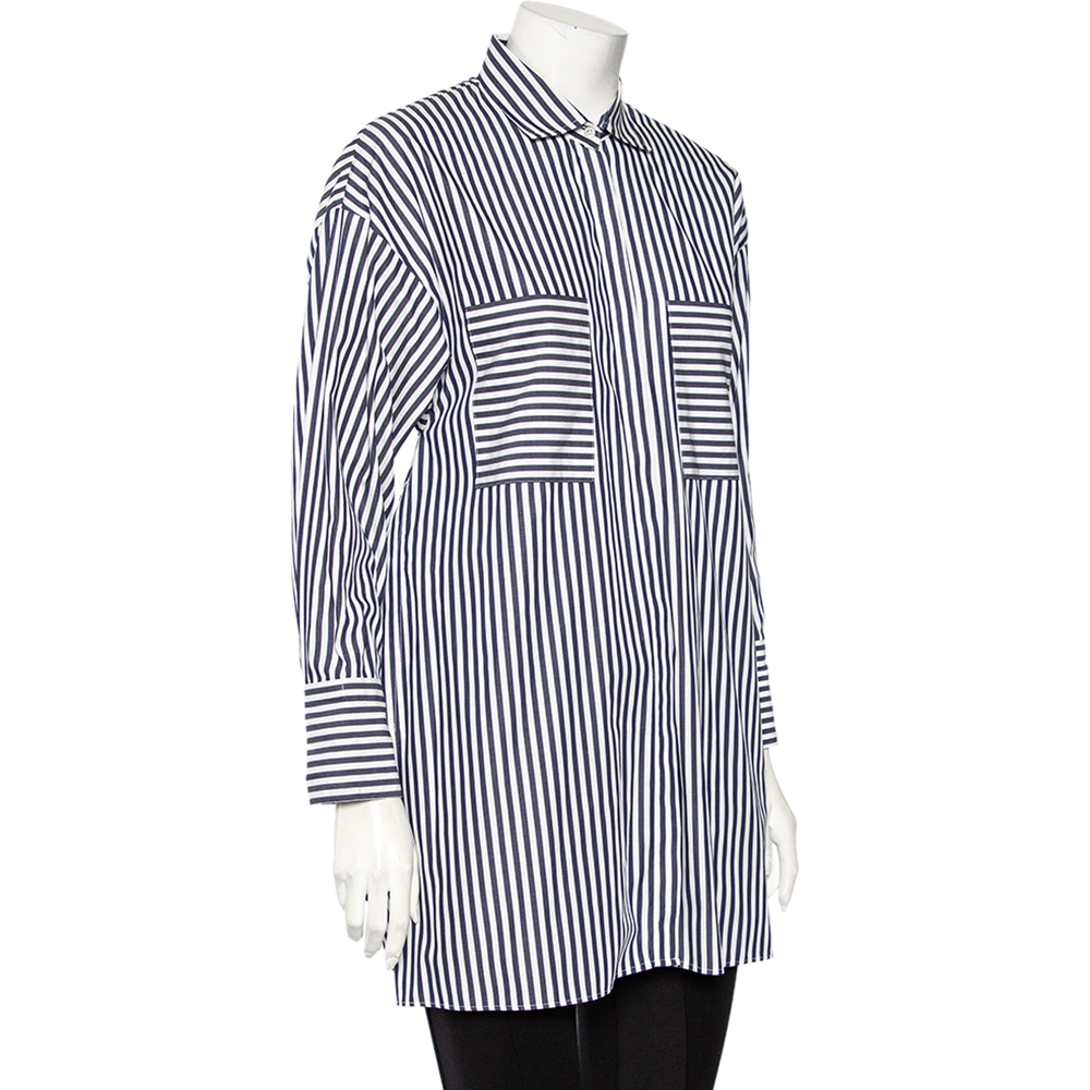 

CH Carolina Herrera White & Navy Blue Cotton Striped Paneled Oversized Shirt