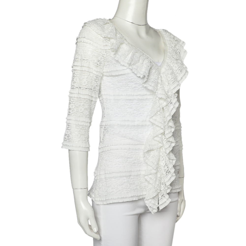 

CH Carolina Herrera White Lace Ruffled V Neck Top