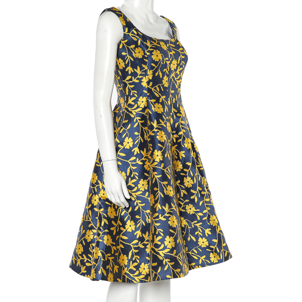 

CH Carolina Herrera Blue & Yellow Floral Jacquard Sleeveless Flared Dress