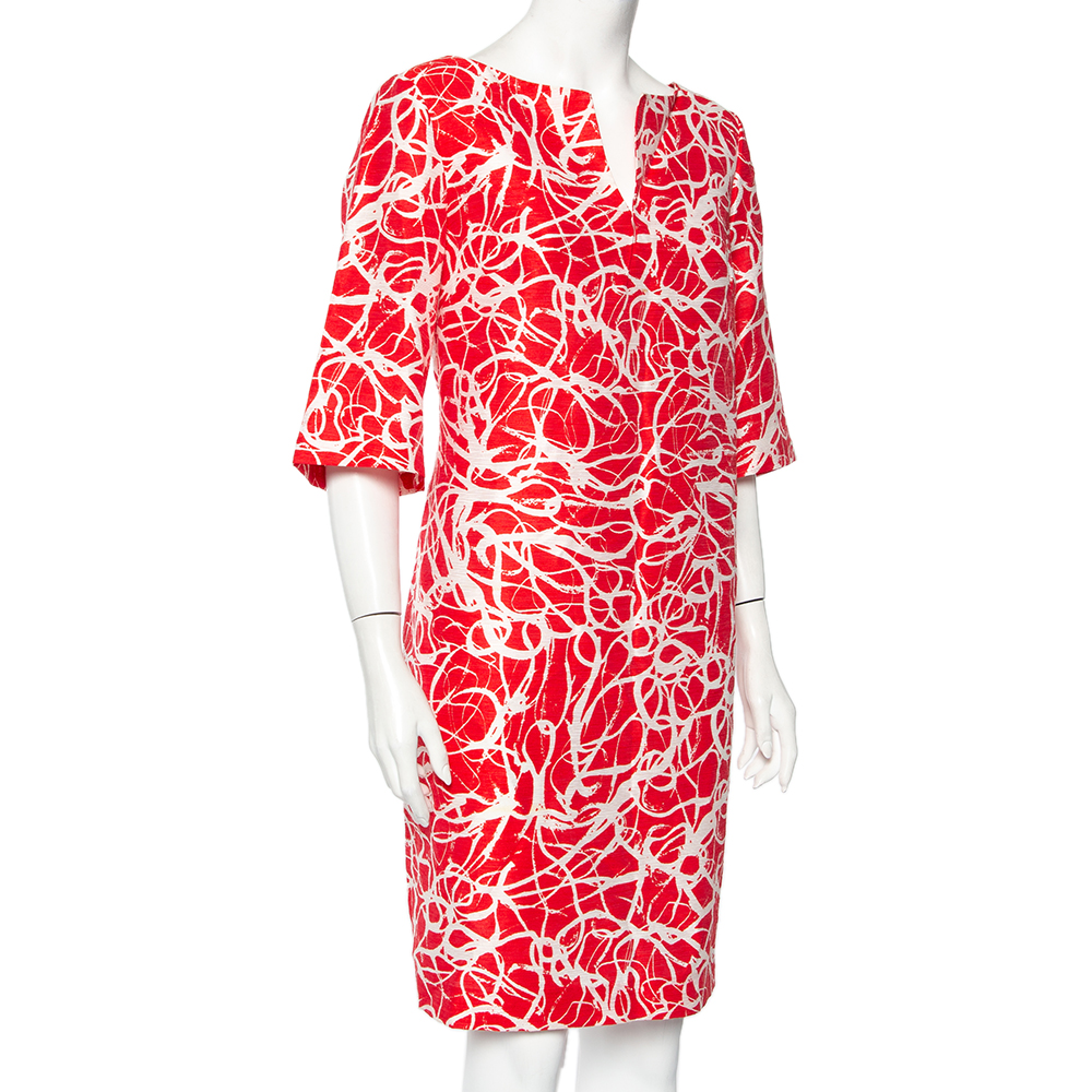 

CH Carolina Herrera Red & White Printed Textured Linen Mini Dress