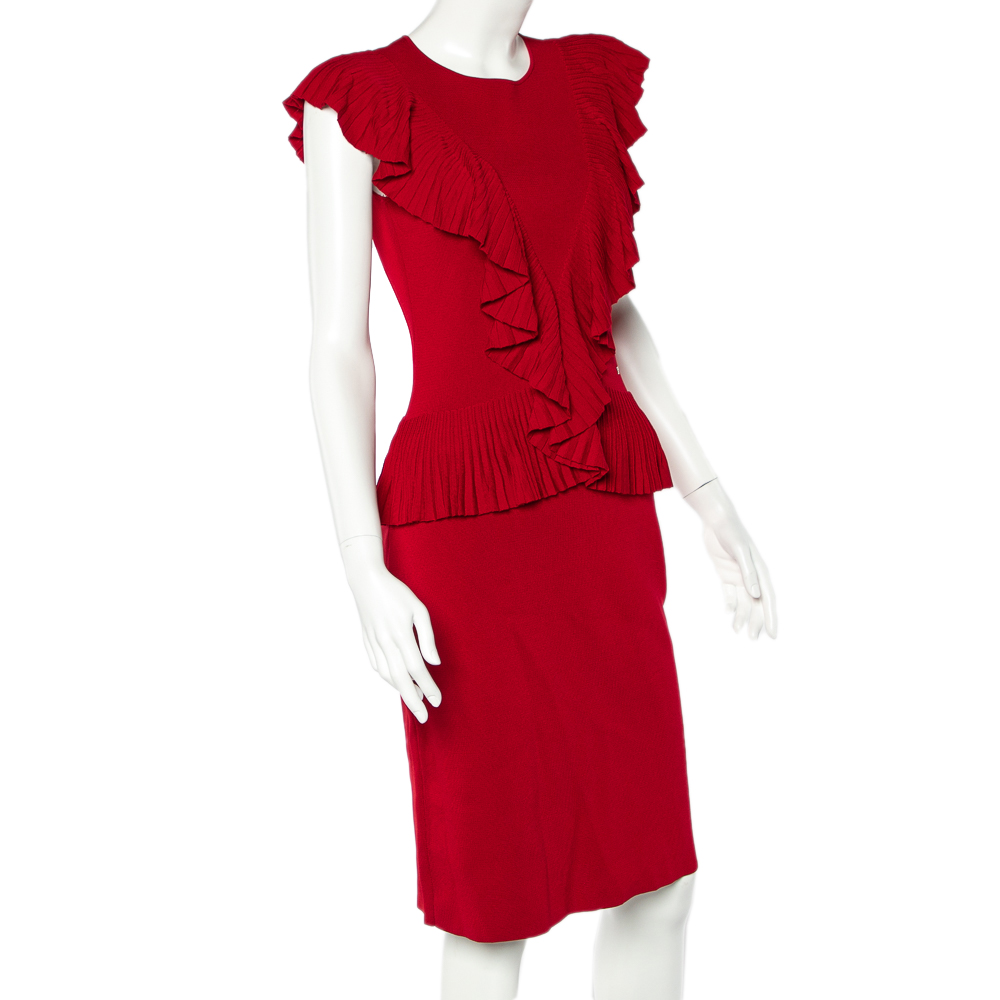 

CH Carolina Herrera Red Knit Ruffle Detail Peplum Dress