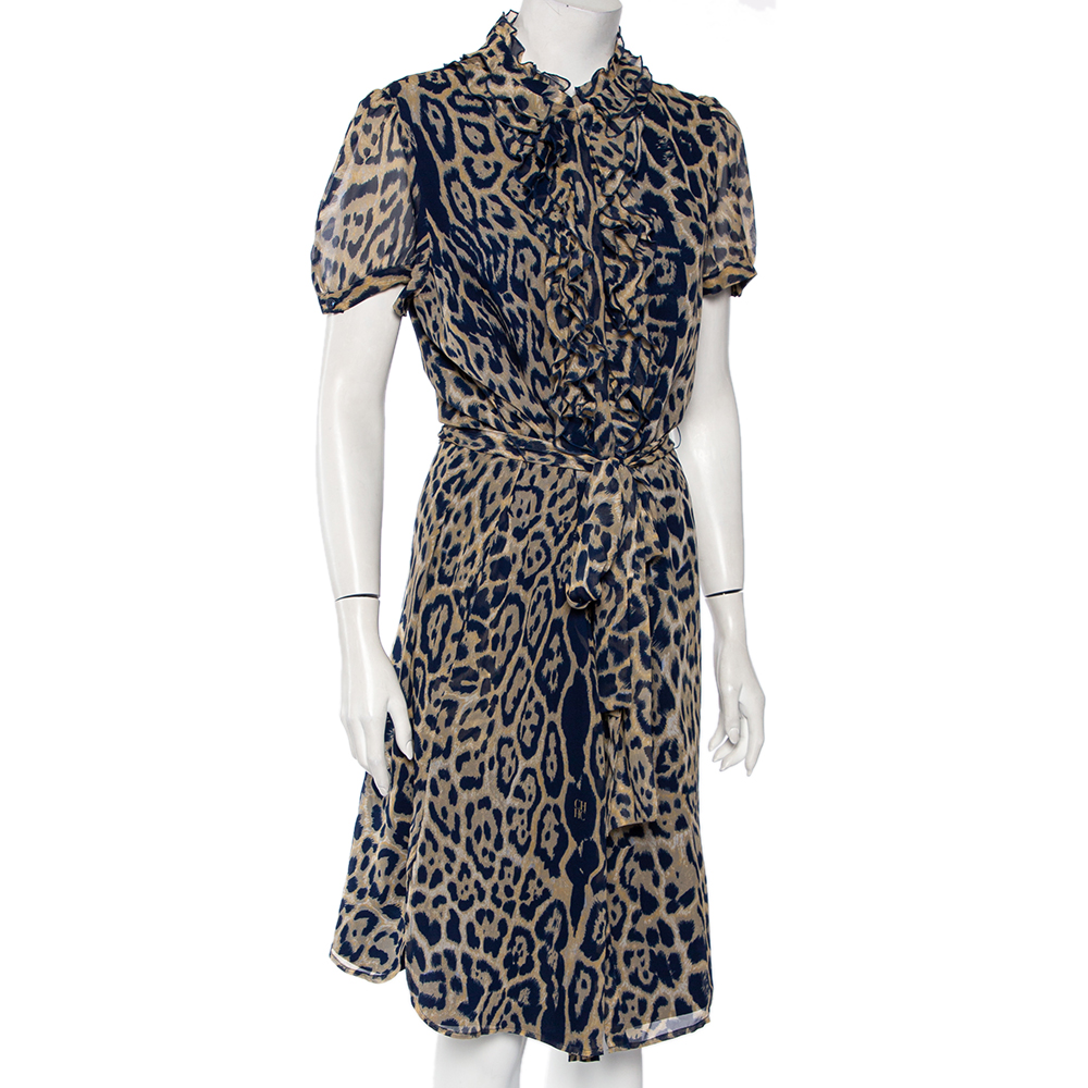

CH Carolina Herrera Blue Silk Ruffled Detail Leopard Print Belted Dress, Multicolor