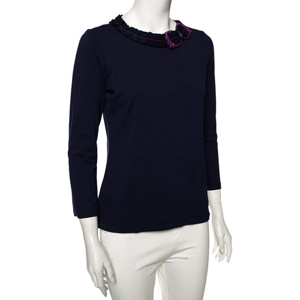 

CH Carolina Herrera Navy Blue Cotton Bow Detail Top