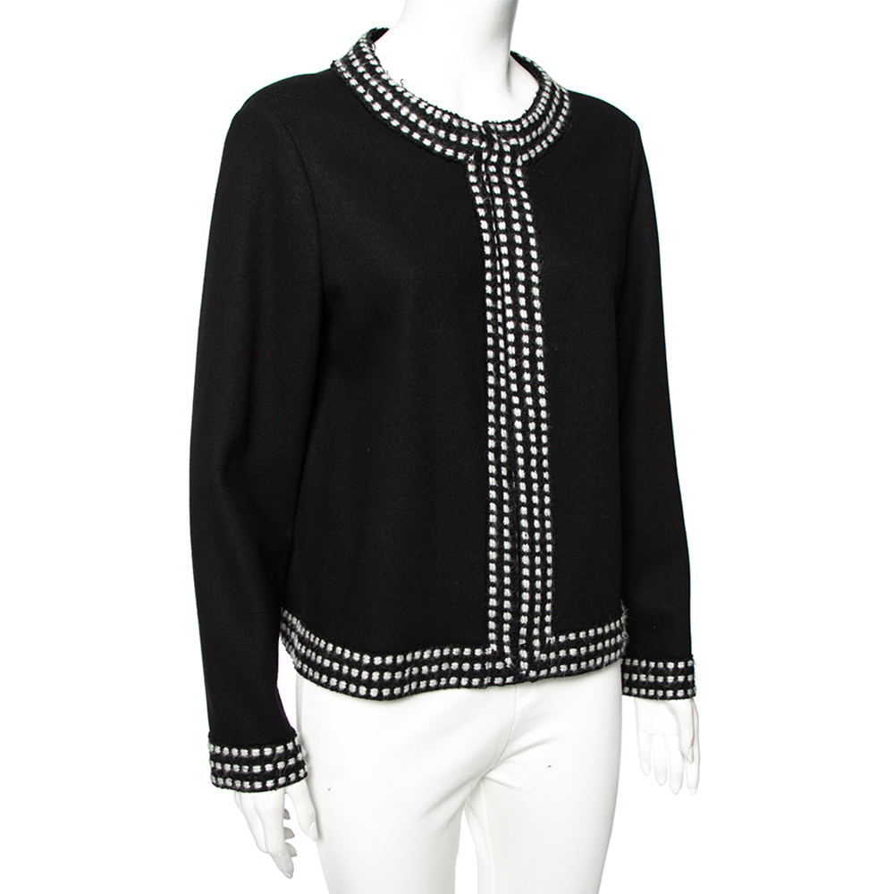 

CH Carolina Herrera Black Wool Boucle Trim Detail Open Front Jacket