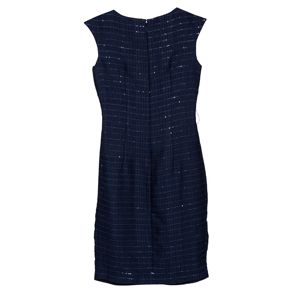 

CH Carolina Herrera Navy Blue Textured Sequence Embellished A-Line Midi Dress