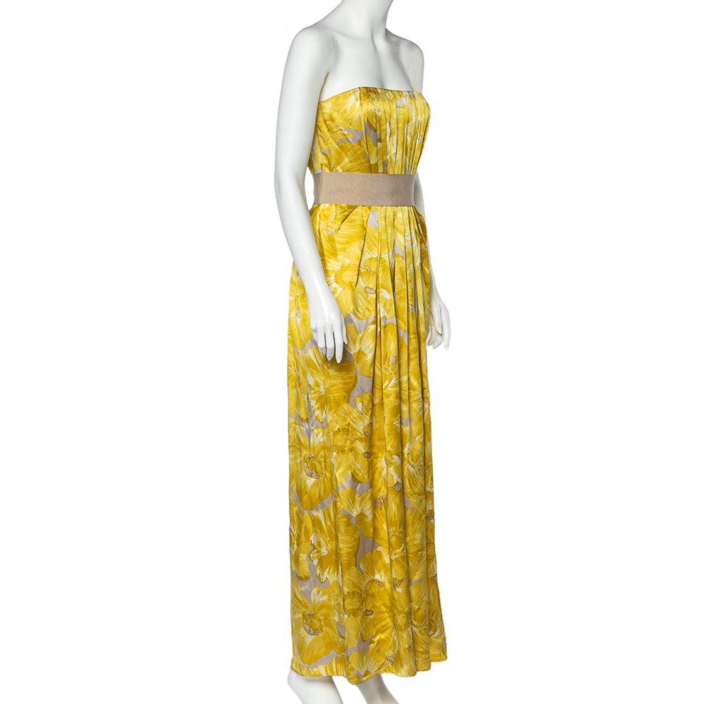 

CH Carolina Herrera Yellow Printed Silk Pleat Detail Strapless Maxi Dress