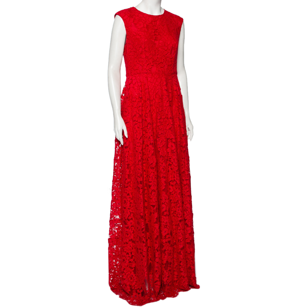 

CH Carolina Herrera Red Floral Lace Sleeveless Maxi Dress