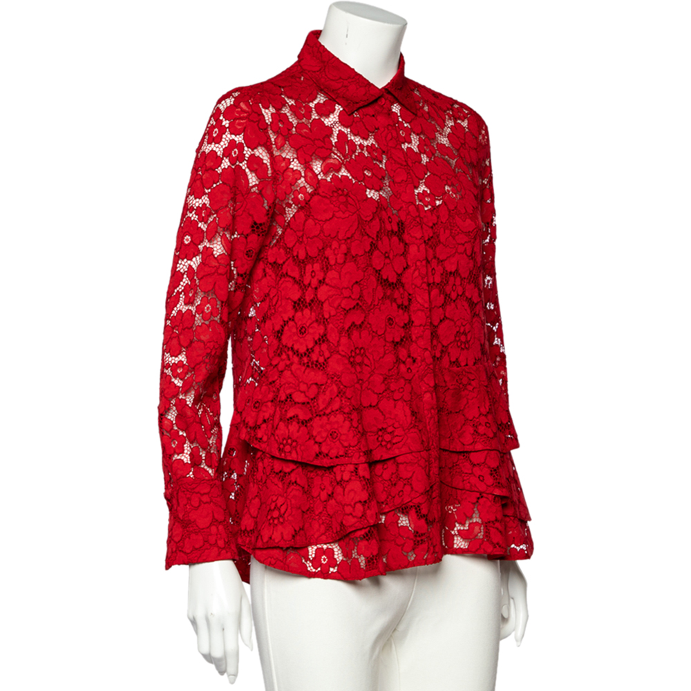 

CH Carolina Herrera Red Lace Ruffle Hem Button Front Shirt