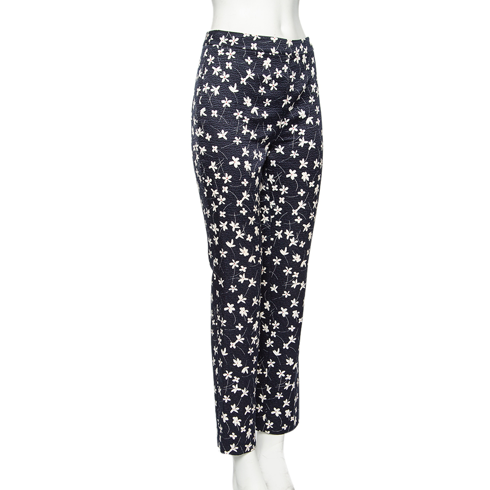 

CH Carolina Herrera Navy Blue Floral Printed Textured Cotton & Silk Pants