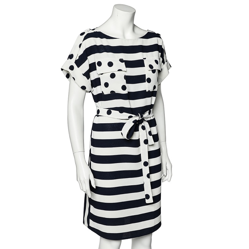 

CH Carolina Herrera Navy Blue & White Stripe & Polka Dot Printed Textured Belted Dress