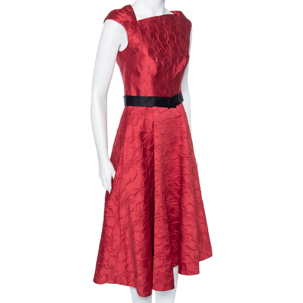 

CH Carolina Herrera Red Floral Embossed Jacquard Sleeveless Belted Dress