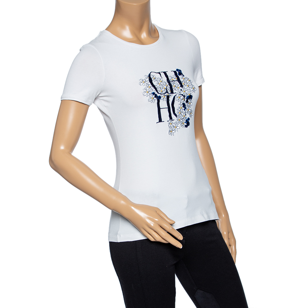 

CH Carolina Herrera White Floral Logo Embroidered Cotton T-Shirt