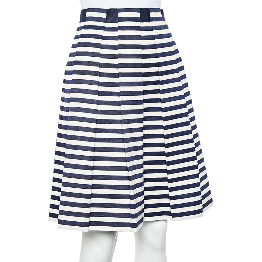 

CH Carolina Herrera White And Navy Blue Stripes Print Cotton Skirt