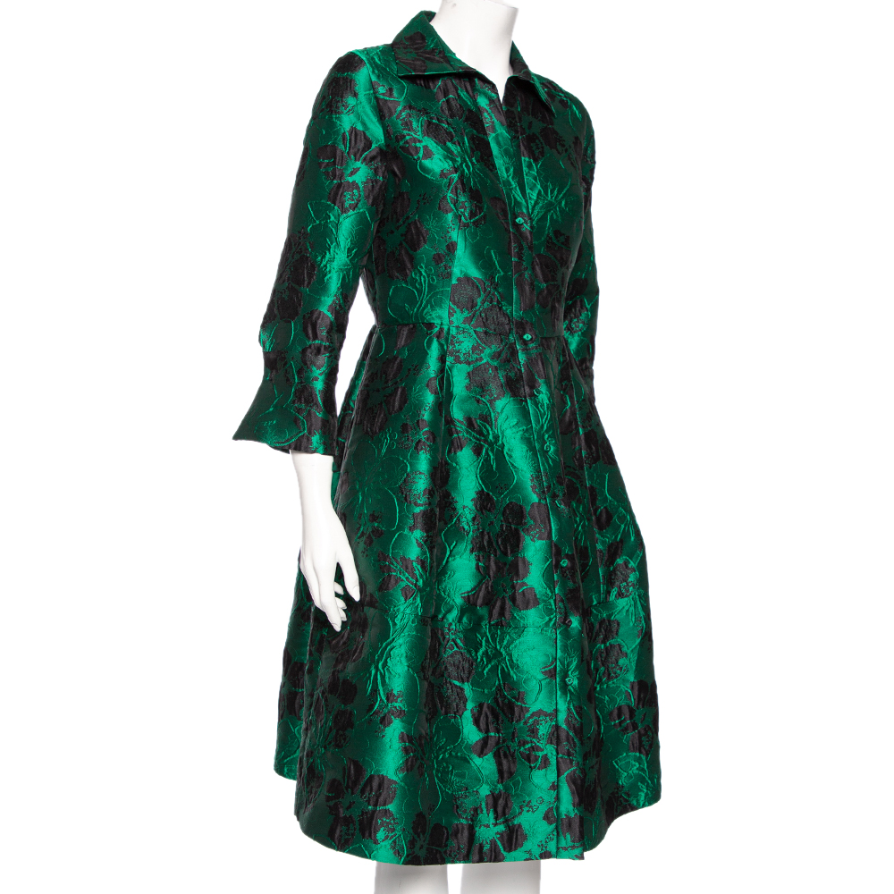 

CH Carolina Herrera Green Floral Brocade Flared Shirt Dress