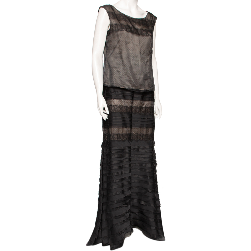 

CH Carolina Herrera Black Silk Lace Trimmed Top & Layered Maxi Skirt