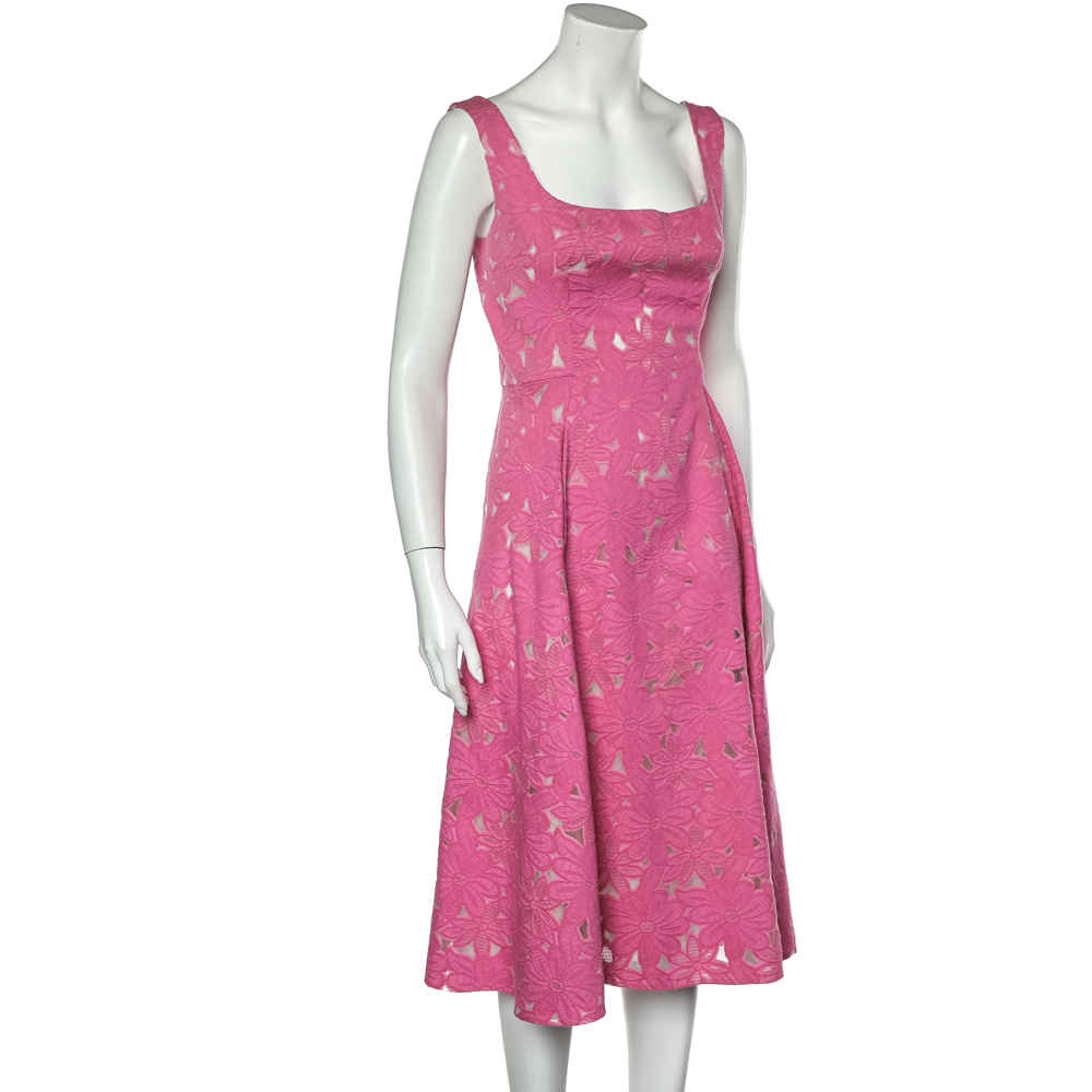 

CH Carolina Herrera Pink Floral Jacquard Sleeveless Flared Dress