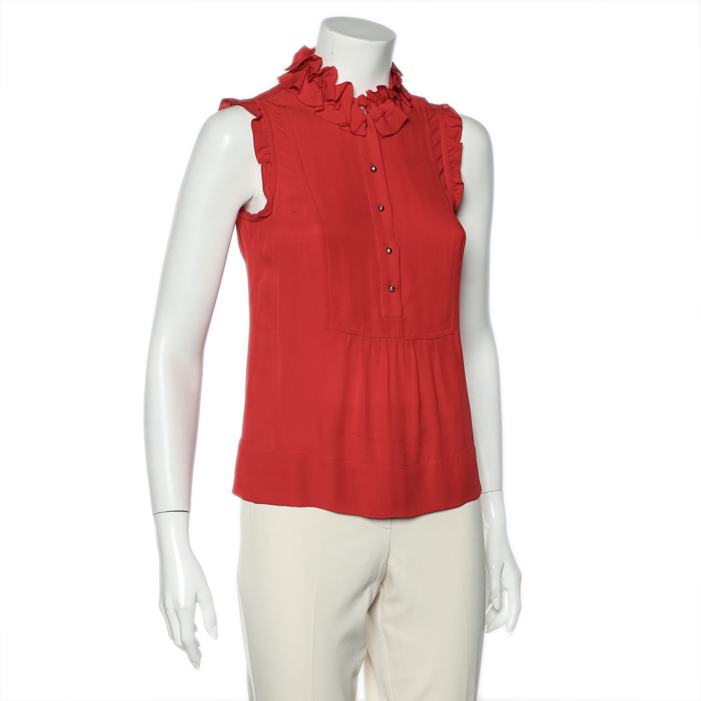 

CH Carolina Herrera Red Silk Ruffle Neck Sleeveless Top