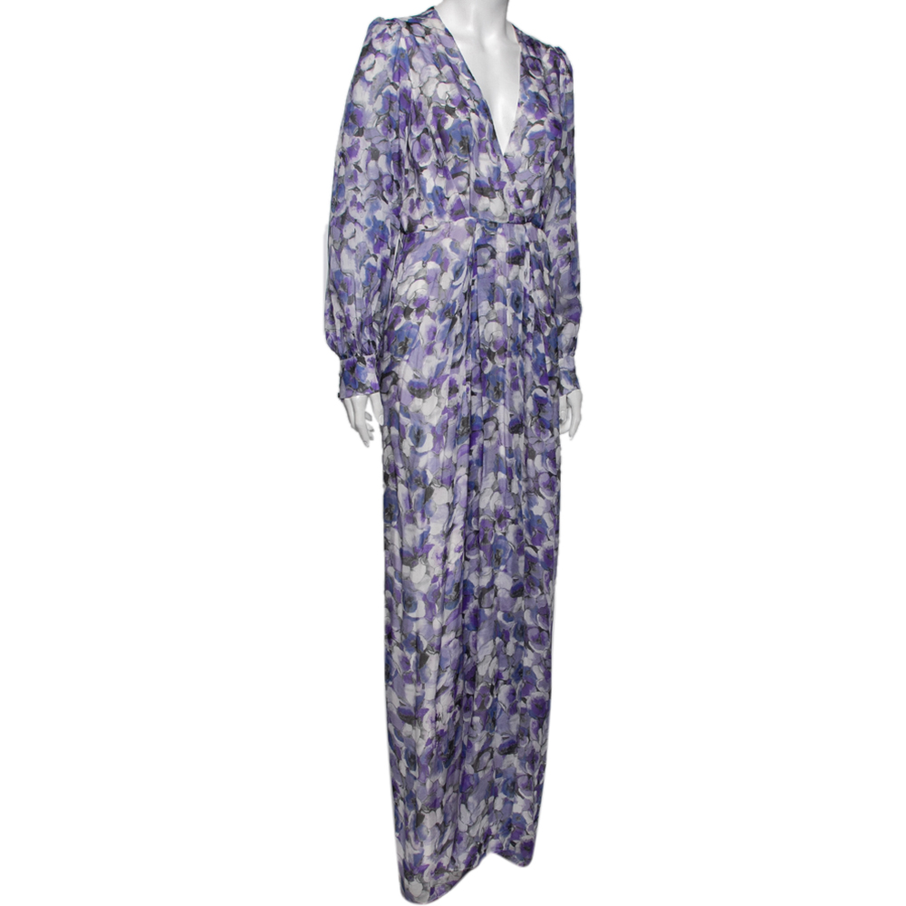 

CH Carolina Herrera Blue Floral Printed Silk Faux Wrap Maxi Dress