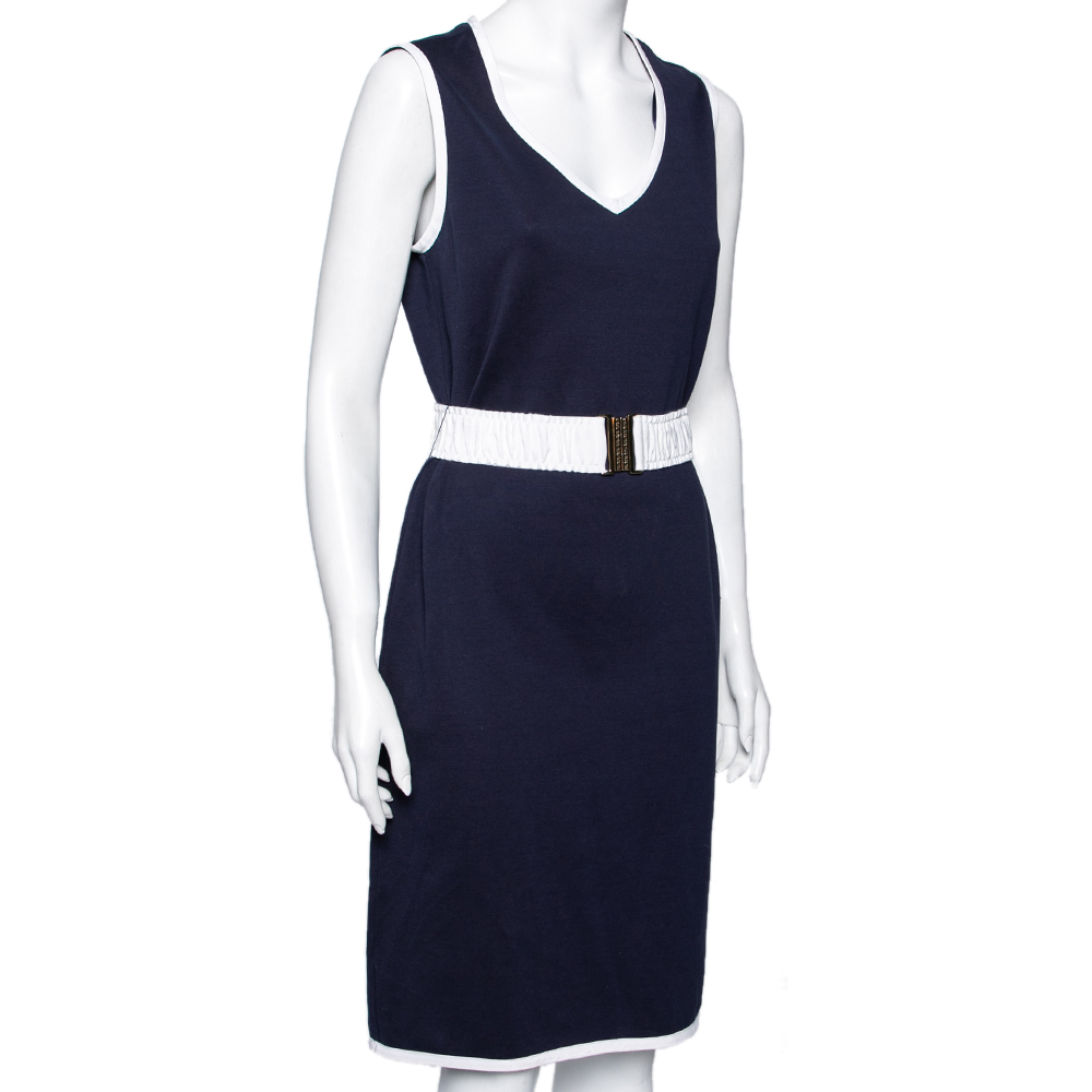 CH Carolina Herrera Navy Blue Cotton Sleeveless Belted Dress M  - buy with discount