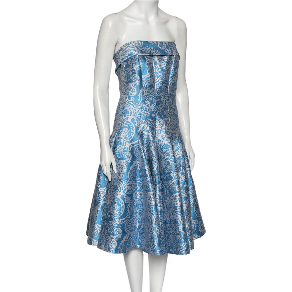 

CH Carolina Herrera Blue Floral Brocade Strapless Fit and Flare Dress