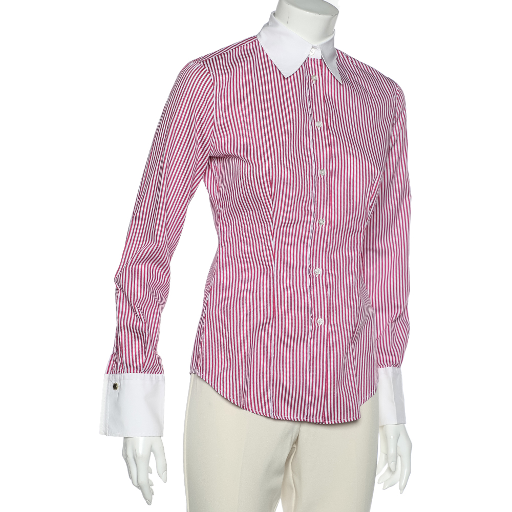 

CH Carolina Herrera Pink Striped Cotton Contrast Trim Shirt