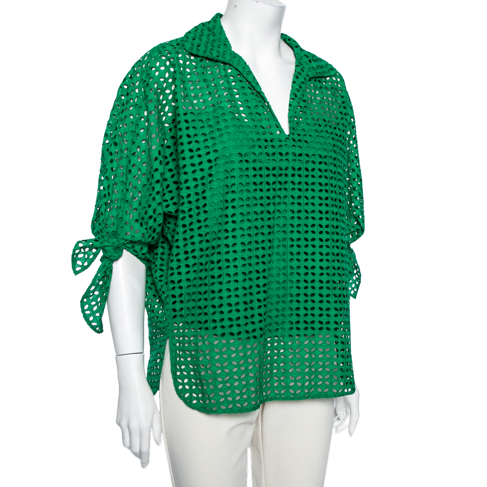 

CH Carolina Herrera Green Cotton Eyelet Cut Top