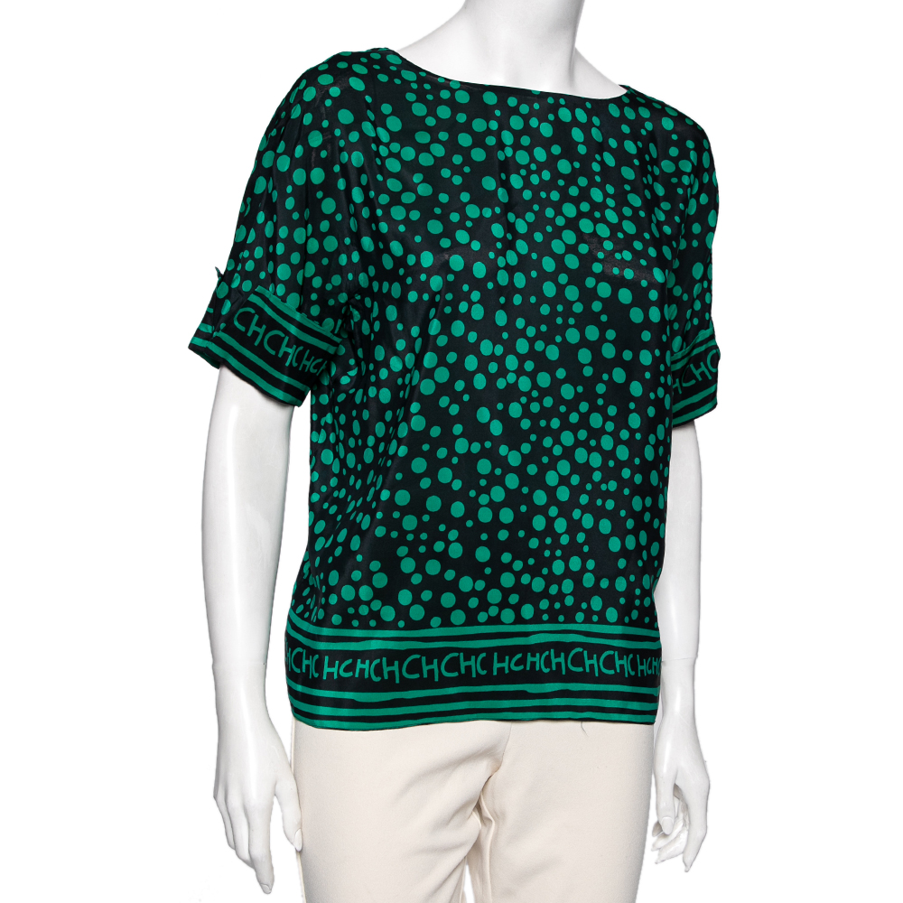 

CH Carolina Herrera Black and Green Polka Dot Print Silk Top