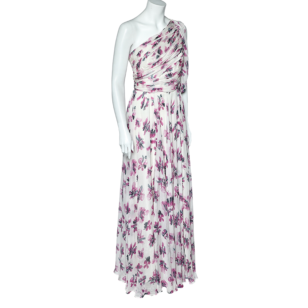 

CH Carolina Herrera White Floral Printed Silk Chiffon Ruched One Shoulder Gown