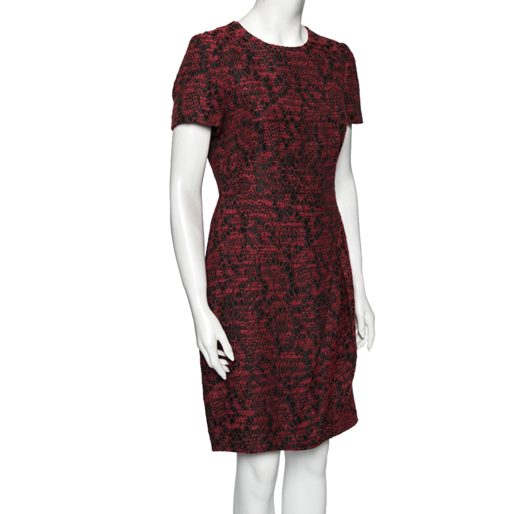 

CH Carolina Herrera Red Wool Blend Jacquard Pleat Detail Dress