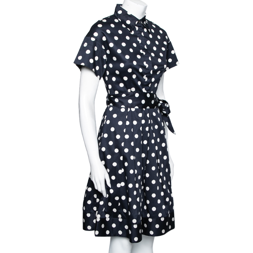 

CH Carolina Herrera Blue & White Polka Dot Printed Cotton Pleated Belted Dress, Navy blue