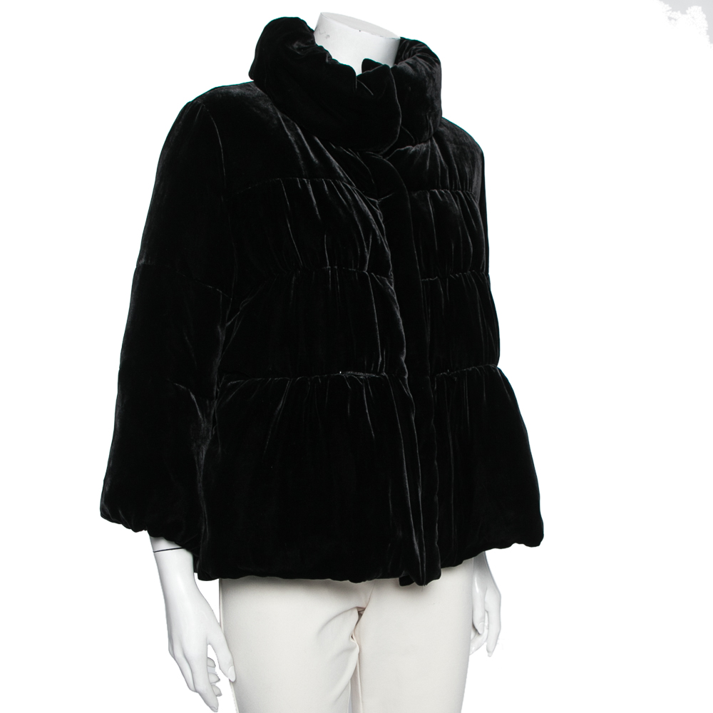 

CH Carolina Herrera Black Down Quilted Velvet Button Front Jacket