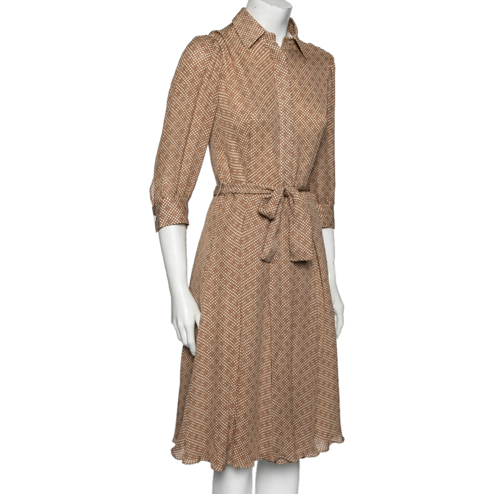

CH Carolina Herrera Brown Logo Printed Silk Button and Pleated Front Belted Dress
