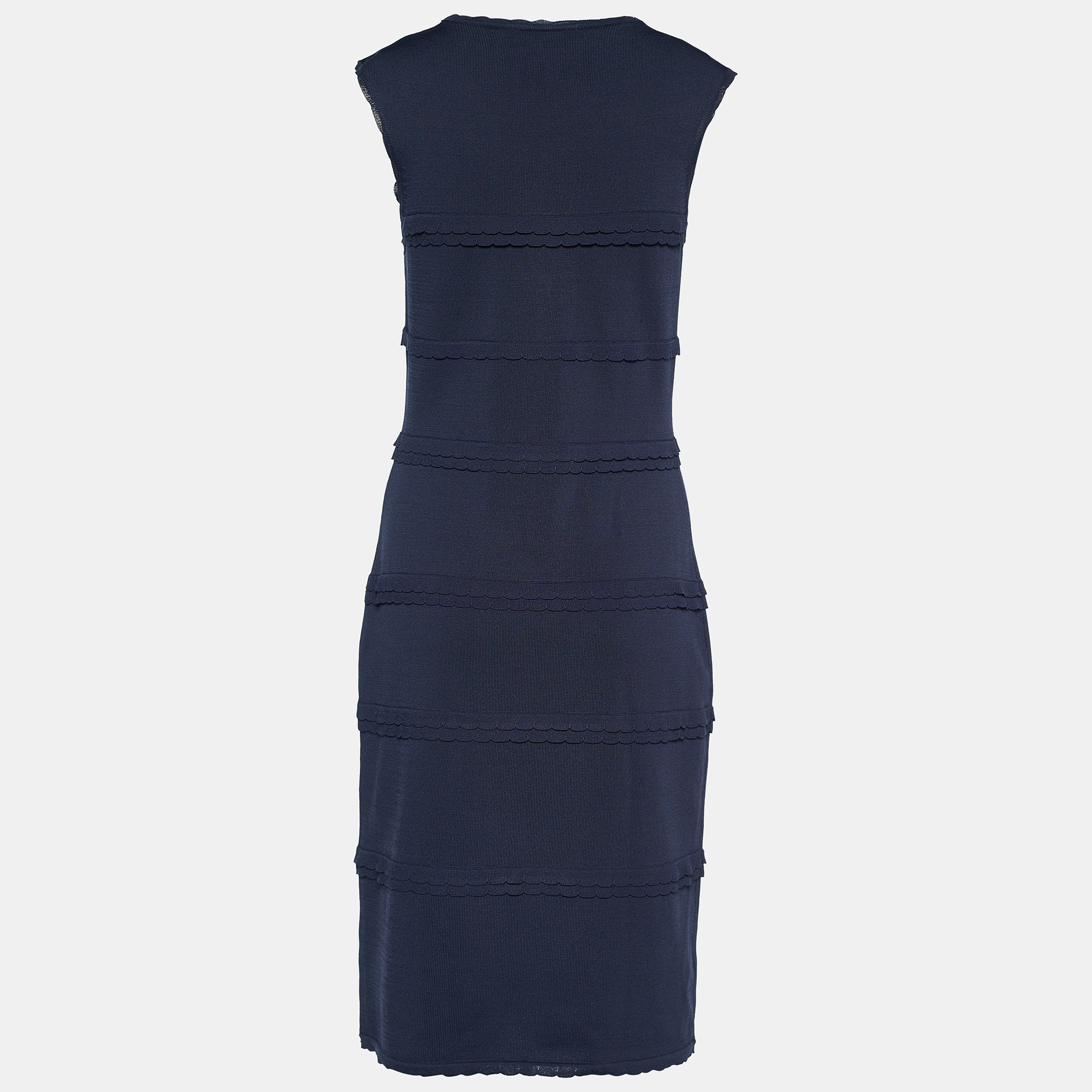 

CH Carolina Herrera Navy Blue Knit Scalloped Trim Midi Dress