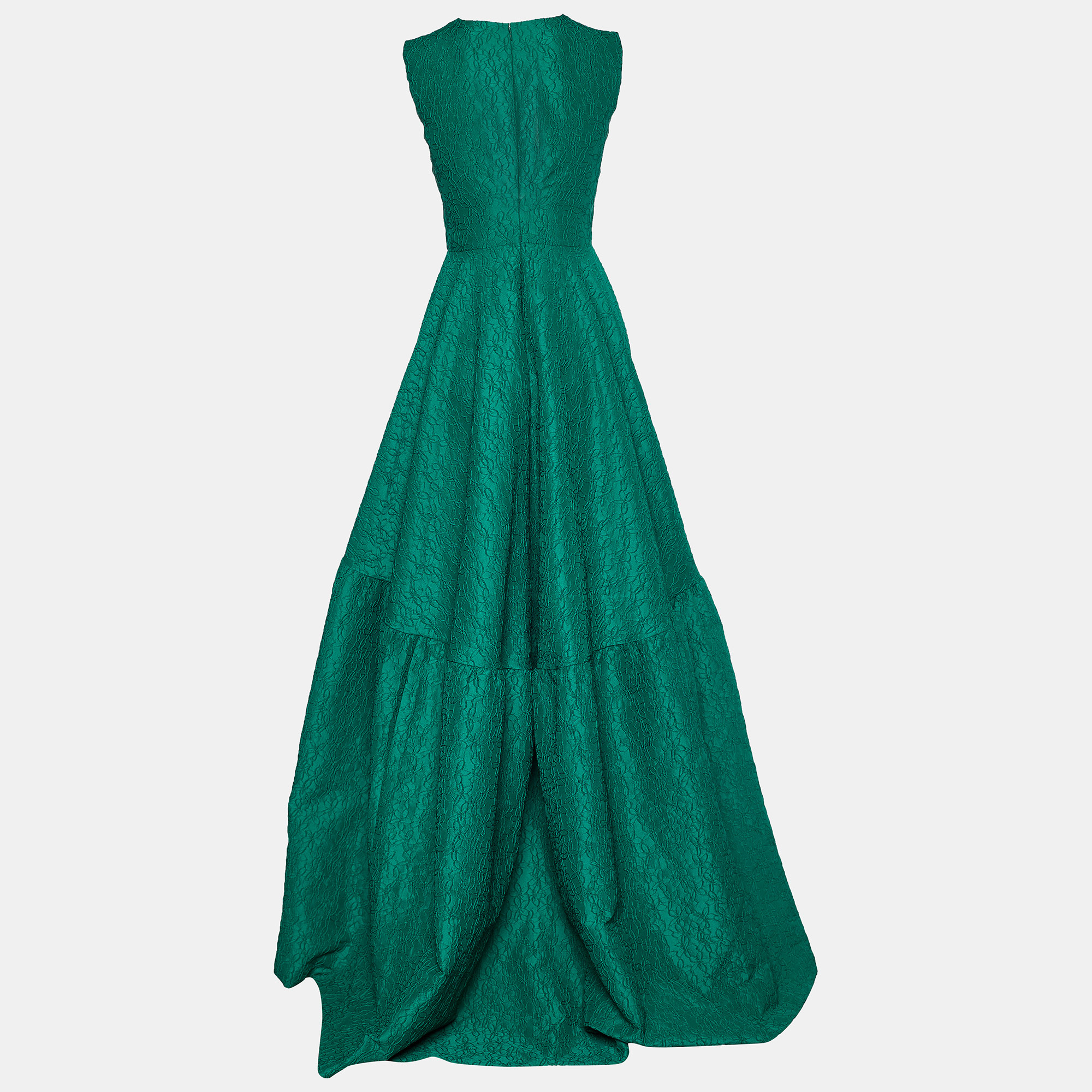 

CH Carolina Herrera Green Floral Jacquard Trail Detail Flared Gown